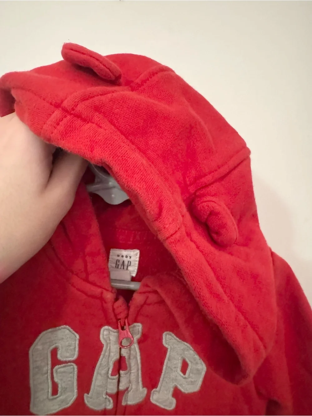 Baby Gap Infant Boys Red Animal Ear Hooded Sip Up Footless Jumpsuit